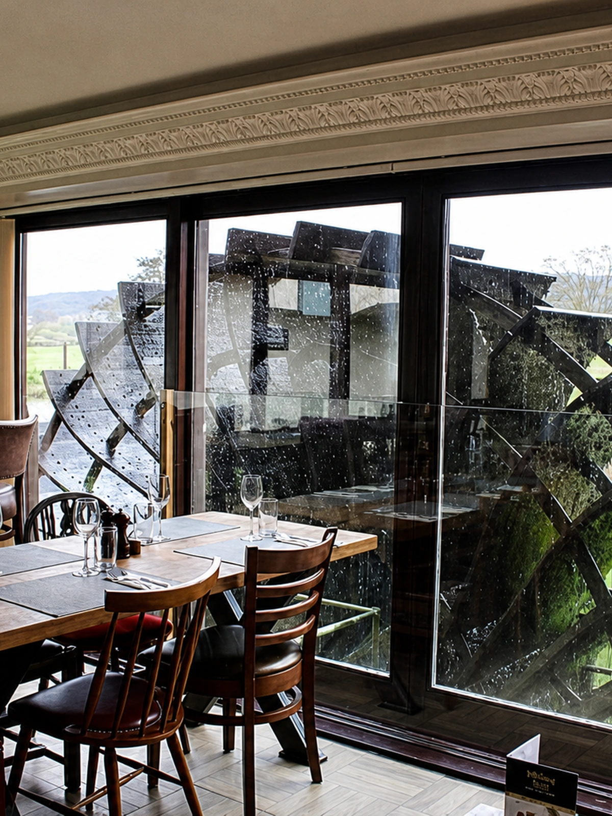 Dining room with the water wheel visible through the windows